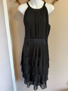 Evan-Picone Halter Tiered Ruffle Cocktail Dress Black 16